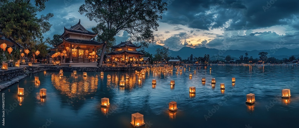 Poster Illuminated Lanterns Floating on a Calm Lake at Twilight
