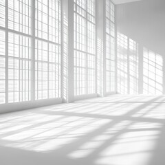 A crisp white studio wall with a gobo shadow pattern of blinds and window frames cast across it. The natural lighting creates an elegant, realistic overlay of shapes, adding visual interest and a