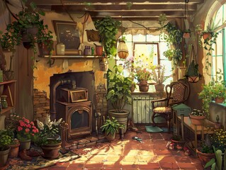 Obraz premium Sunlit Greenhouse Interior: Cozy Home Decor with Plants and Vintage Charm