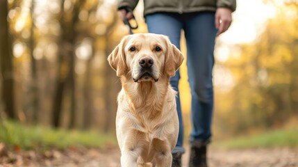 Dog owner enjoys beautiful autumn walk in nature with energetic labrador retriever