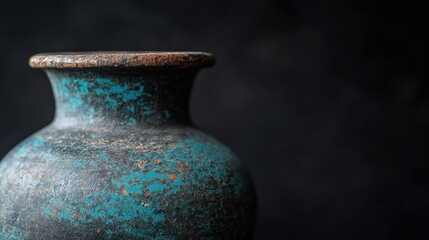 Vintage ceramic vase with turquoise accents, beautifully aged and textured, set against a dark background.