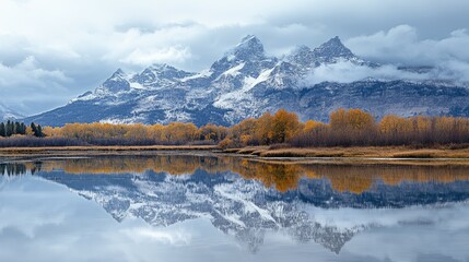 Majestic grand tetons reflected in pristine lake surrounded by lush forest, capturing the serenity of wyoming’s rugged mountain landscape on a clear day
