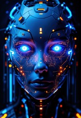 Cybernetic AI Portrait: Futuristic Face with Glowing Blue Eyes and Digital Circuitry