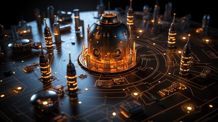 Futuristic city with glowing buildings and a large central dome, built on a circuit board.