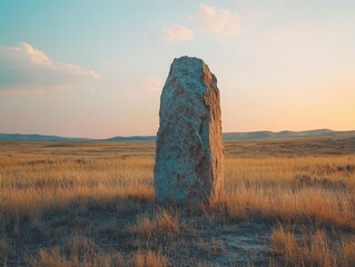 Termite Mound in Grassland at Sunset