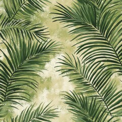 A seamless design of palm leaves in various green tones, brush-drawn to create a vibrant, tropical aesthetic. The layered foliage forms a dense pattern against a rough, textured background, ideal for
