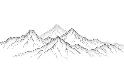 A high-definition image of a black and white mountain line art wallpaper. The design features detailed line drawings of mountains against a clean, white background, creating a luxury and elegance
