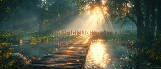 Obraz premium Silhouettes of People Standing on a Wooden Bridge in a Sunlit Forest