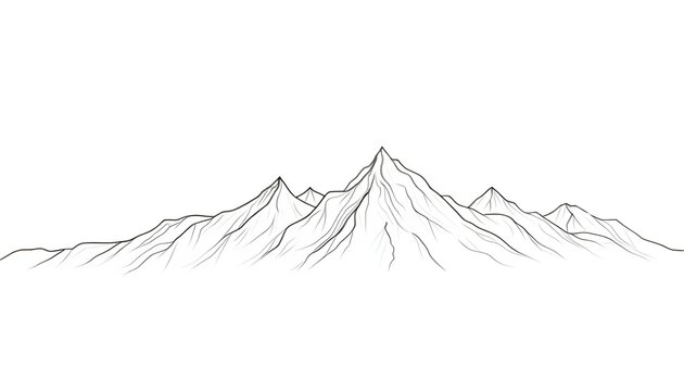 A high-definition image of a black and white mountain line art wallpaper. The design features detailed line drawings of mountains against a clean, white background, creating a luxury and elegance