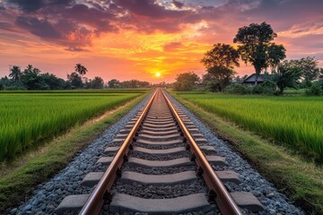 Obraz premium Sunset Over Train Tracks in Rice Fields