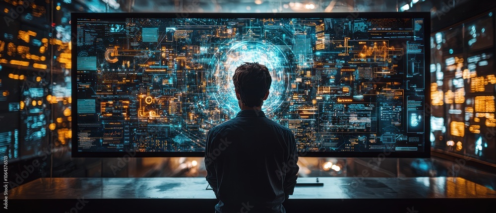 Fototapete A Man Looking at a Computer Screen Showing Digital Data