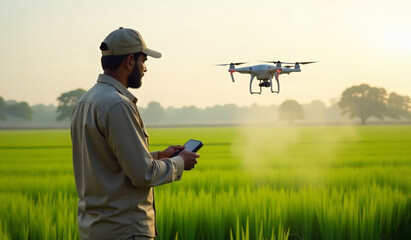  Indian farmer man controls spraying drones remotely on field. Agriculture drone fly. Smart farming concept. Fertilizers, pest control, improve soil condition, precision agriculture.