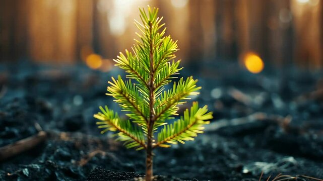 a sprout of pine tree growing on black dirt soil of burning wildfire area 