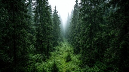 Fototapeta premium Mystical Forest Path with Fog and Lush Greenery