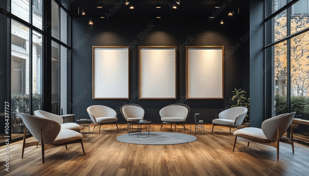 Poster modern lobby with empty frames, wooden floor, and large windows