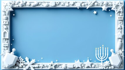 Decorative Hanukkah Frame with Paper Cut Style Border - Jewish Holiday Design with Menorah, Stars of David and Winter Elements