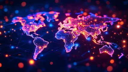Digital World Map with Neon Connectivity - Global Network Visualization with Glowing Continental Outlines in Vibrant Colors