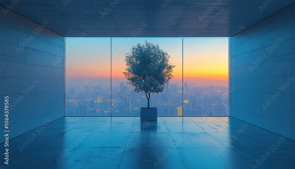 Poster A Single Tree in a Concrete Room with a Cityscape View Through Large Windows