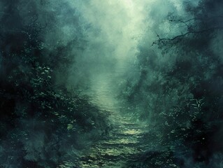 Obraz premium Enchanted Forest Path: A Mystical Journey Through Foggy Woods