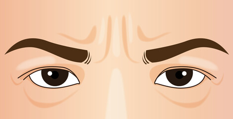 Close up un happy woman frown wrinkle on forehead, illustration