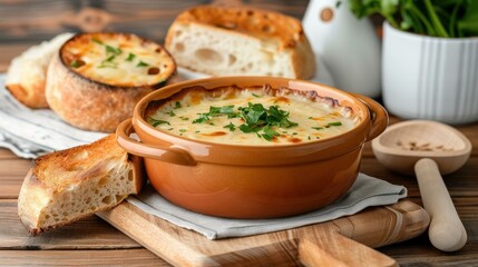 French Onion Soup with melted cheese and caramelized onions, served in a rustic crock in French bistro setting