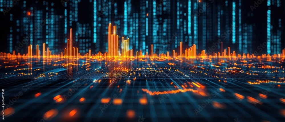 Poster Abstract Digital Cityscape with Glowing Lines and Grid Pattern