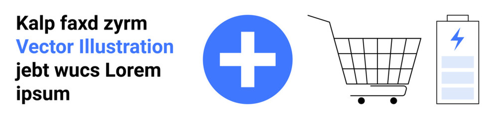 Shopping cart, battery with lightning bolt, and blue cross on white background. Ideal for healthcare, energy, online shopping, technology, e-commerce, digital marketing, and product design. Banner