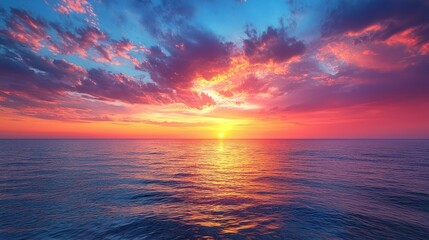 Fototapeta premium A Vivid Sunset Over a Calm Sea, Casting Warm Hues Across the Water