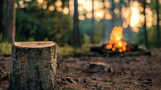tree stump with a burning campfire,