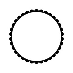 Round frame with scallop border. Circle with wavy edges. Picture or mirror vignette form isolated on white background. Vector graphic illustration.