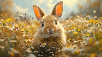Fototapeta premium Adorable Bunny Rabbit in a Field of Daisies - Cute Animal Photography