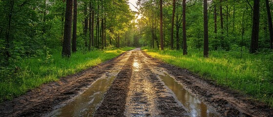 Fototapeta premium Sunlit Dirt Road Through a Lush Green Forest