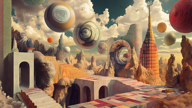 A surreal dreamscape with mismatched oversized objects bending reality. Dreamscape. Illustration