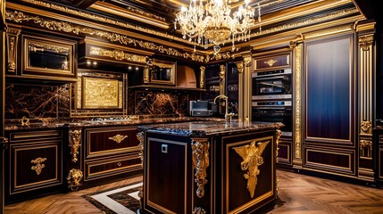 Ornate wooden furniture shelves and cabinets with intricate golden detailing in a lavish opulent interior of a luxury mansion palace or castle