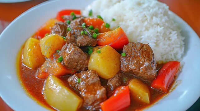 Beef Mechado in Manila, a hearty Filipino stew made with tender beef chunks simmered in a rich tomato sauce, soy sauce, vinegar, garlic, and bay leaves, often cooked with potatoes and bell peppers, 