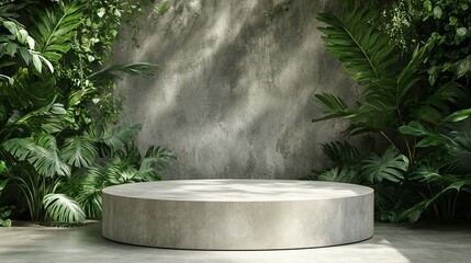 Elegant natural stone and concrete pedestal display set against lush green foliage, ideal for product presentation, skincare and cosmetic mockups, organic packaging display with fresh leafy background