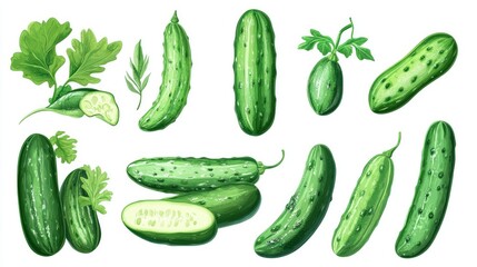Fresh Cucumbers and Green Vegetables Illustration