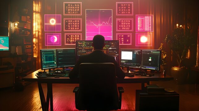 Silhouetted figure of a professional analyzing complex financial data and market information displayed on multiple high tech screens in a neon lit futuristic digital workspace or office setting