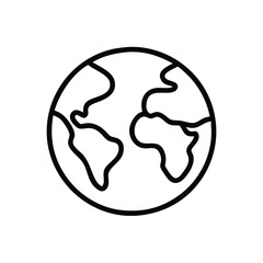 Black Outline Earth Icon with Continents, Simple black outline icon of Earth showing continents, symbolizing global reach, geography, and international connections in minimal style.