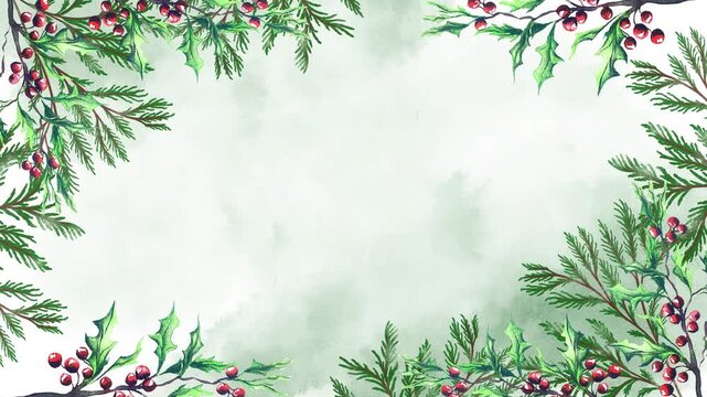 Watercolor Christmas border background animated watercolor fir branches, space for text. Screensaver greeting cards, Christmas natural rustic decorations, holly plant botanical New Year floral frame.