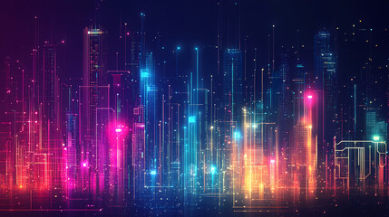 Abstract colorful futuristic cityscape bathed in neon light, a digital dreamscape of information and connection design abstract background. Dreamscape. Illustration