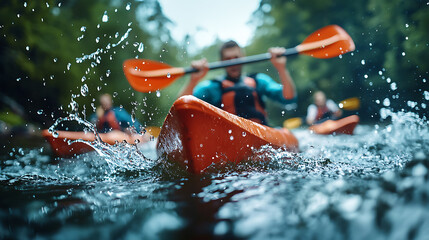 Fototapeta premium Canoers paddle fiercely as water splashes in competitive race