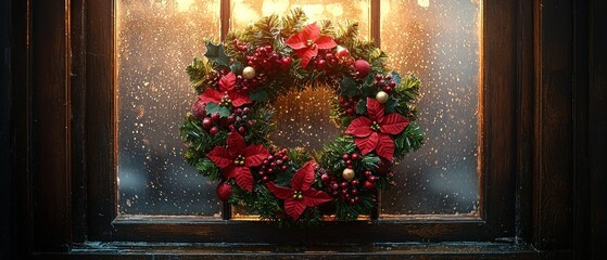 Christmas Wreath on a Window with a Blurry Background