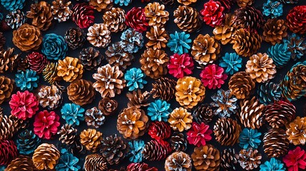 A Colorful Arrangement of Pine Cones on a Dark Background