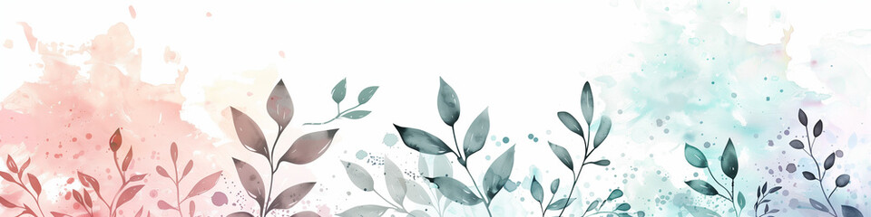 This artwork showcases a beautiful watercolor blend of colors with delicate leaves, ideal for backgrounds in artistic projects or invitations, banner, copy space