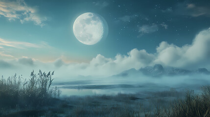 An ethereal dreamscape where clouds of iridescent mist drift across a tranquil landscape, bathed in the soft light of a distant moon. illustration. Dreamscape. Illustration