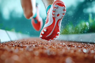 Sprinter accelerates at starting block capturing speed and precision