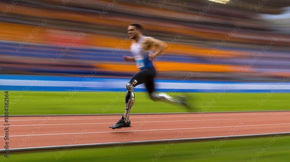 Aufkleber an athlete races down the track using a prosthetic leg, demonstrating speed and determination in a c