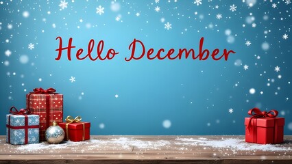Hello December Festive Winter Scene with Christmas Gifts and Falling Snow on Wooden Table