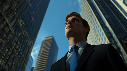 Young businessman in a suit looking up at the towering skyscrapers in the city with a hopeful and ambitious expression